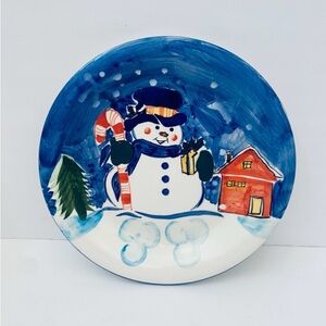 Hand-Painted Snowman Dinner Plate Emerald Ceramic 10.5”